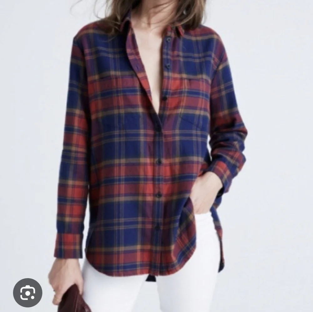 #1837 Madewell Navy and Red Plaid Oversized Boyfriend Flannel Shirt Sz.S